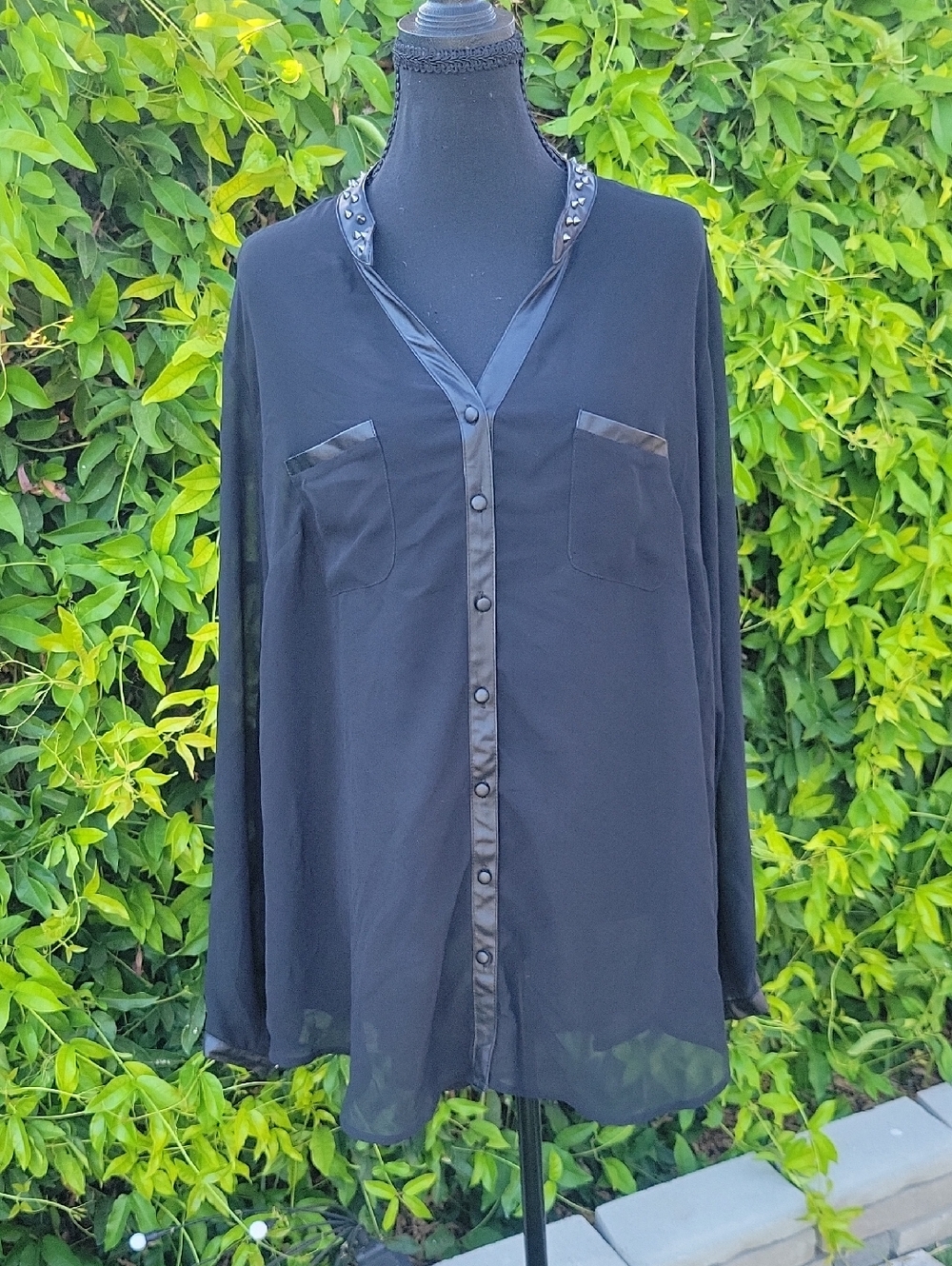 Torrid Black Button-Front Sheer Blouse with Studded Faux Leather Trim 2